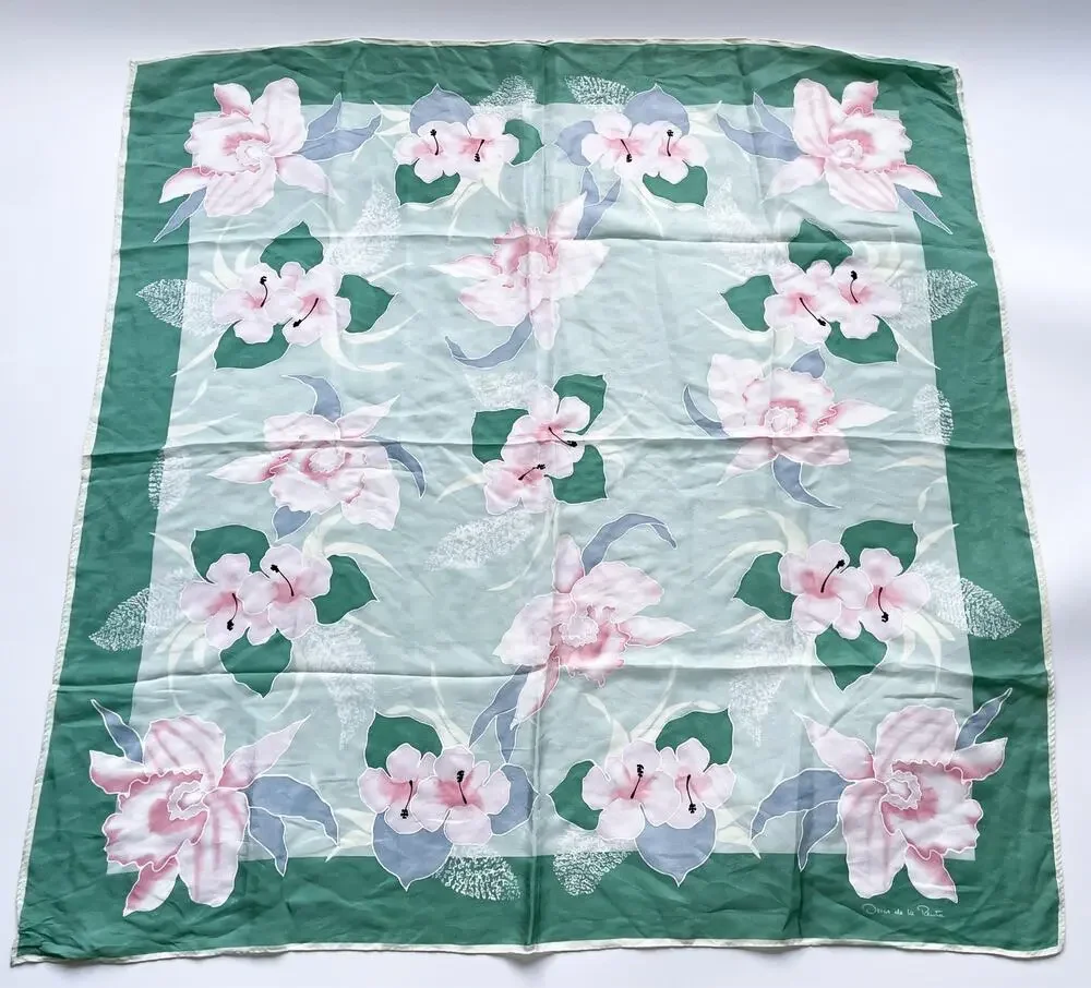 Vintage Oscar de la Renta Green and Pink Floral Silk Scarf 33" Square - Picture 1 of 6